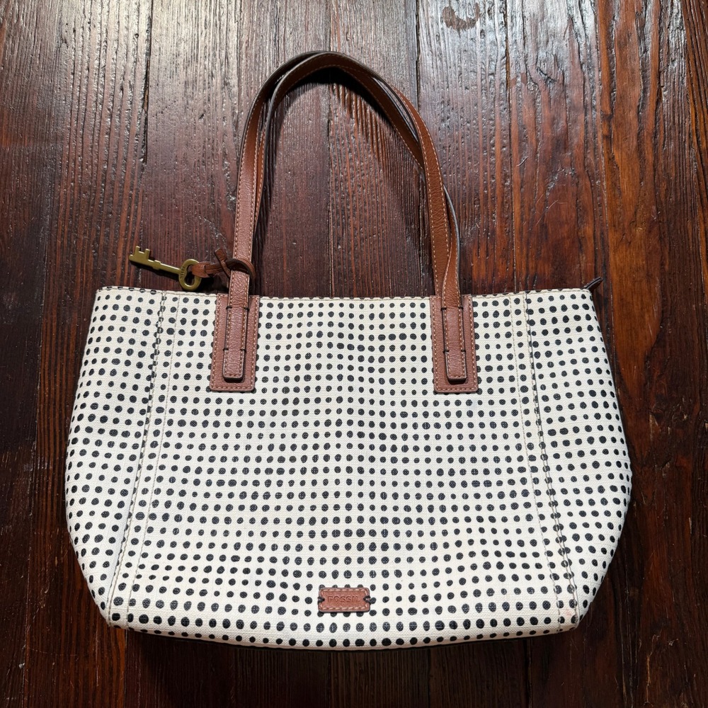 Fossil Purse Tote Bag White Black Polka Dot Coated Canvas Key Charm